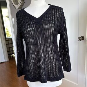 Margaret O'Leary Black V-Neck Open Weave Sweater, size S
